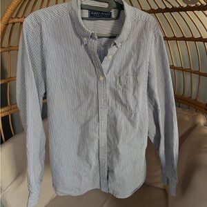 Karen Scott Women's White and Blue Striped Button Down Shirt